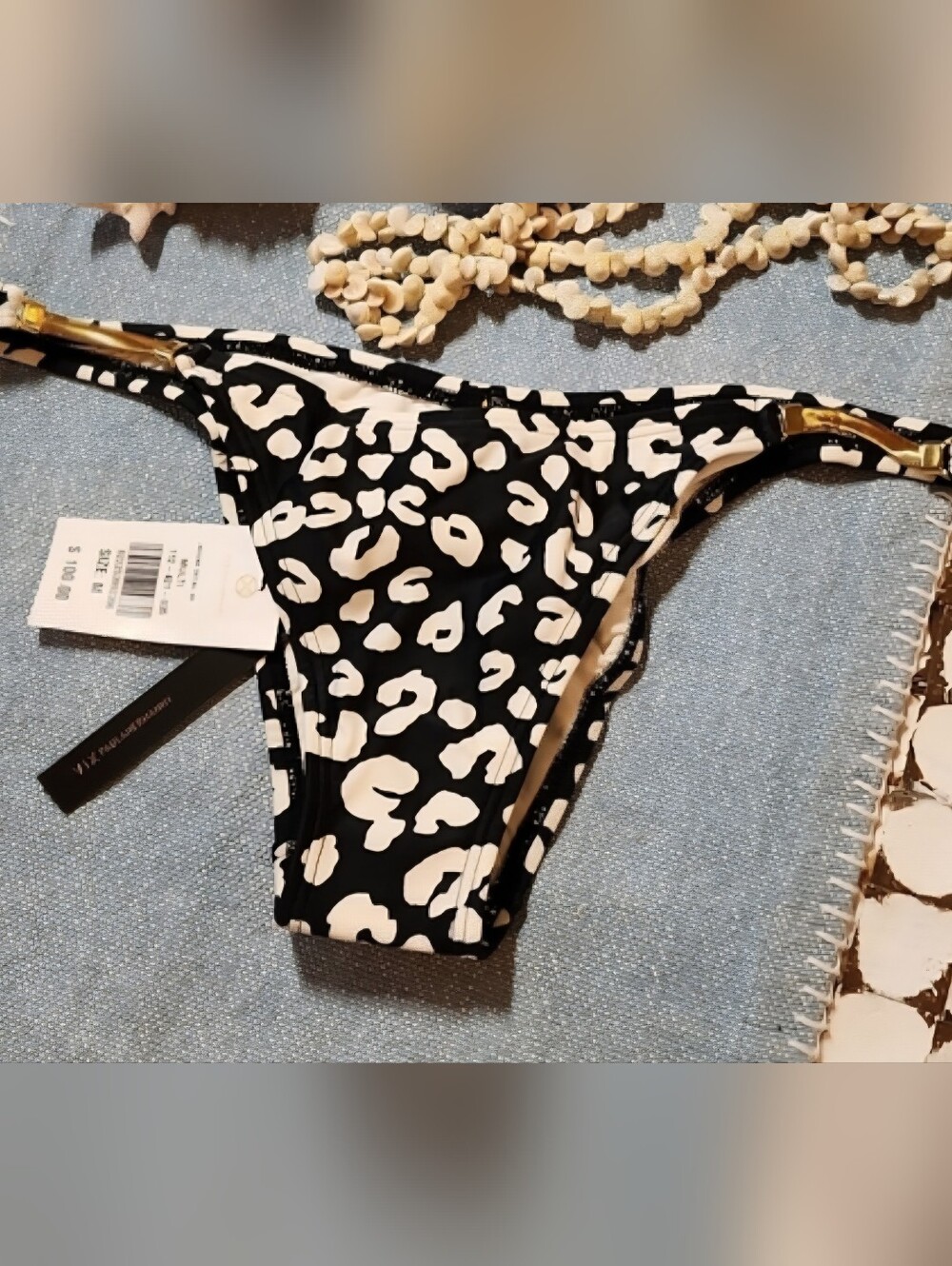 NEW! VIX PAULA HERMANNY Black White Women's Bikini Bottom Gold Side Straps Sz M